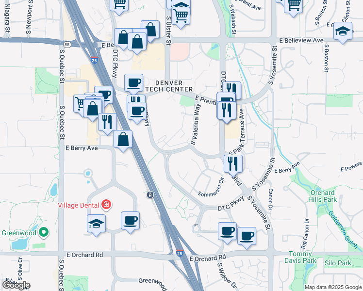map of restaurants, bars, coffee shops, grocery stores, and more near 5500 DTC Parkway in Greenwood Village
