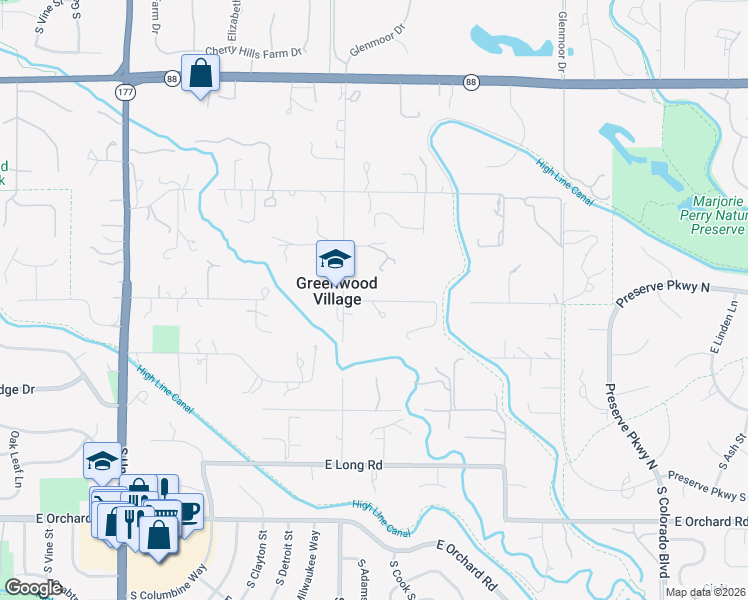 map of restaurants, bars, coffee shops, grocery stores, and more near in Greenwood Village