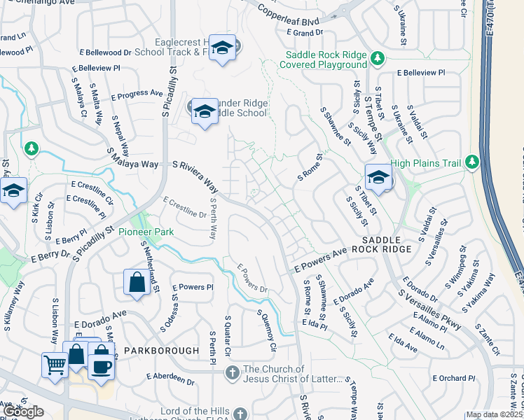 map of restaurants, bars, coffee shops, grocery stores, and more near 21902 East Crestline Place in Aurora
