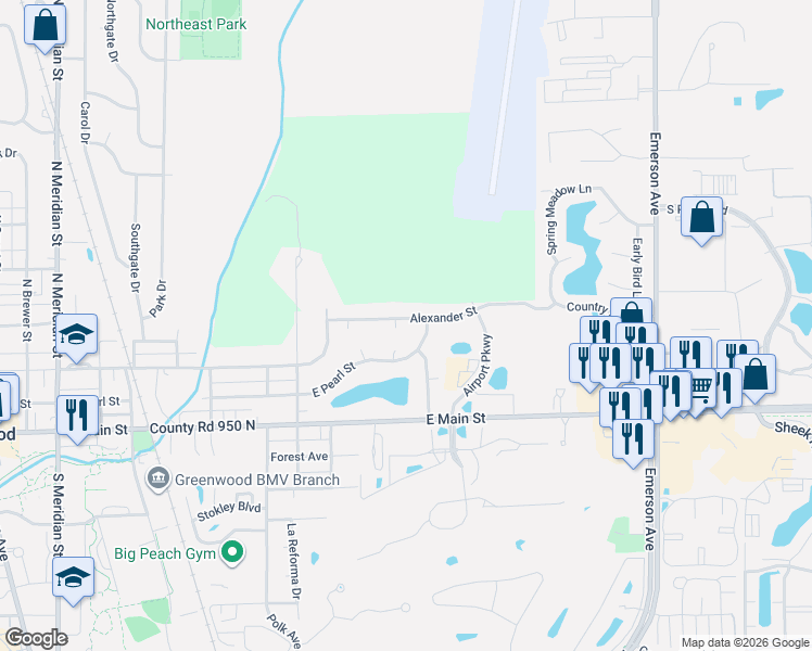 map of restaurants, bars, coffee shops, grocery stores, and more near 672 Hawk Court in Greenwood