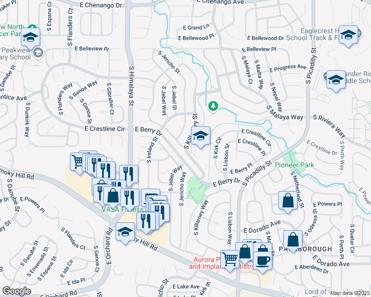map of restaurants, bars, coffee shops, grocery stores, and more near 5517 South Killarney Street in Centennial