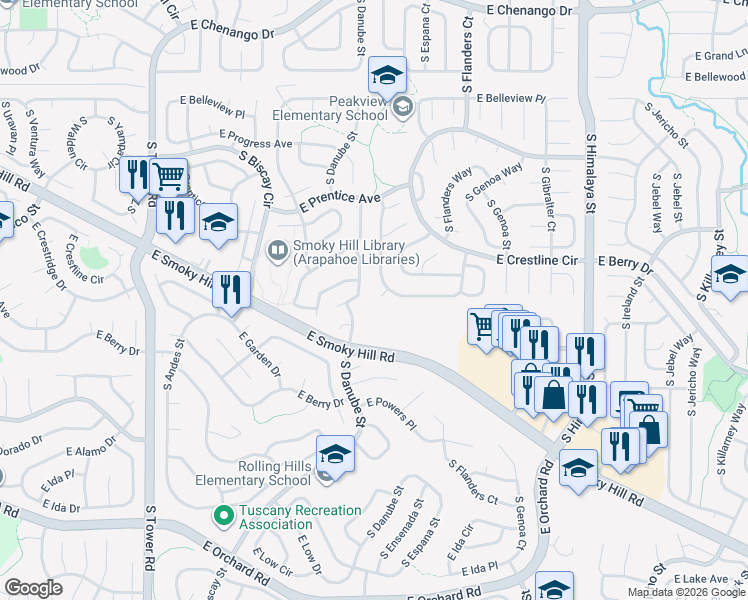 map of restaurants, bars, coffee shops, grocery stores, and more near 5433 South Dunkirk Way in Centennial