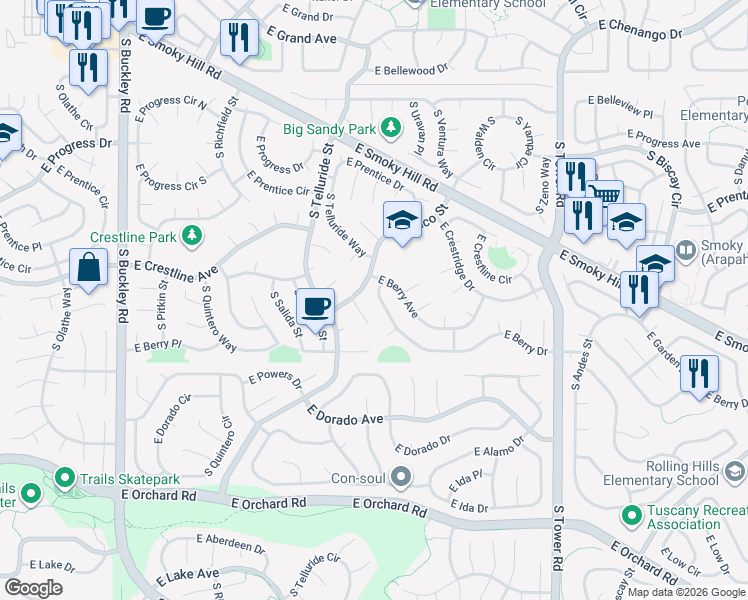 map of restaurants, bars, coffee shops, grocery stores, and more near 5532 South Telluride Court in Centennial