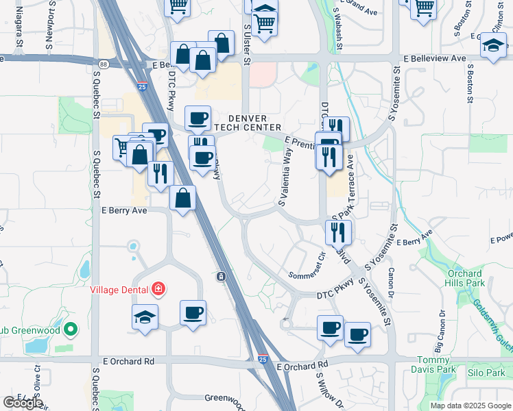 map of restaurants, bars, coffee shops, grocery stores, and more near 5570 DTC Parkway in Greenwood Village