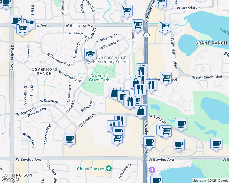 map of restaurants, bars, coffee shops, grocery stores, and more near 8700 West Berry Avenue in Littleton