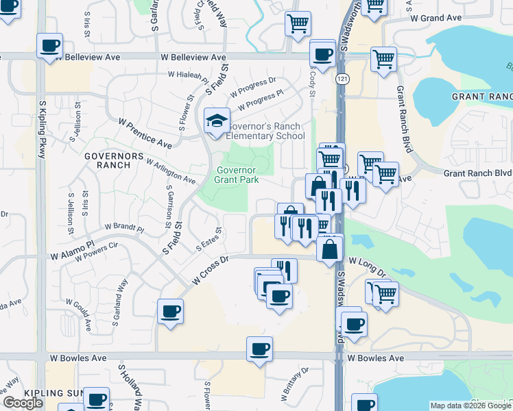 map of restaurants, bars, coffee shops, grocery stores, and more near 8698 West Berry Avenue in Denver