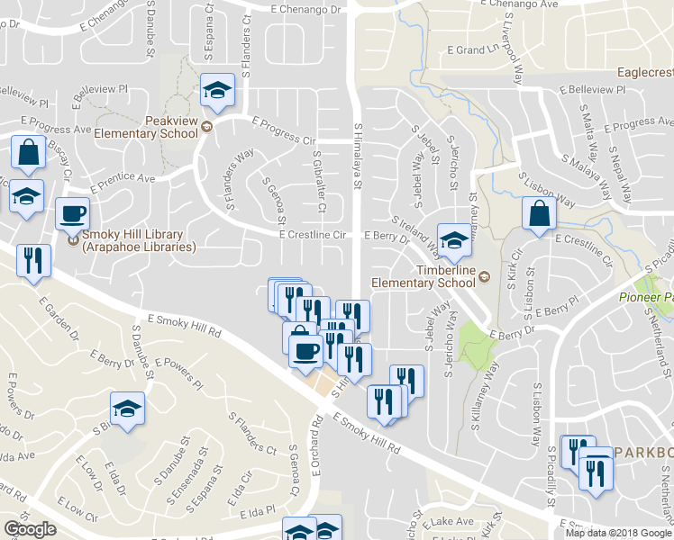 map of restaurants, bars, coffee shops, grocery stores, and more near 19988 East Crestline Place in Centennial
