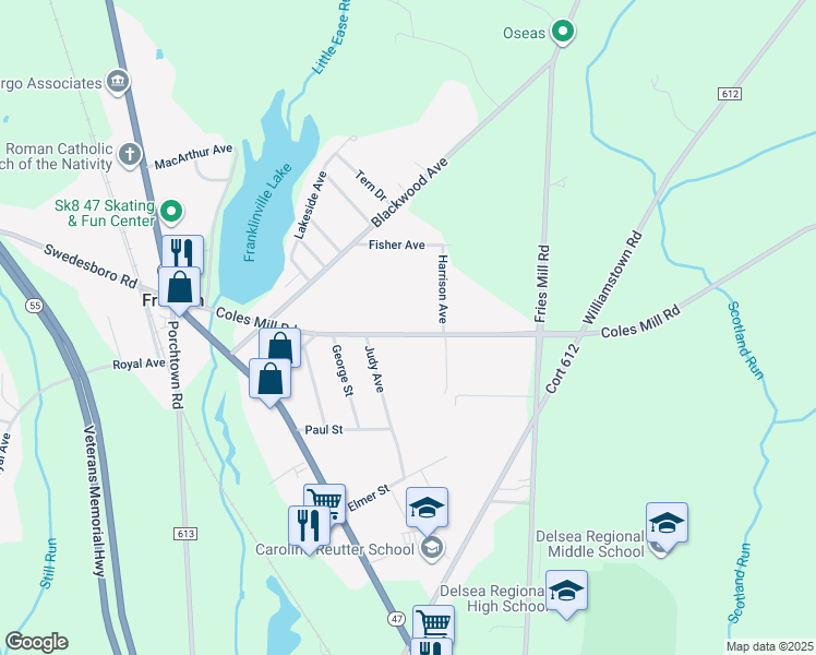 map of restaurants, bars, coffee shops, grocery stores, and more near 1765 Coles Mill Road in Franklin