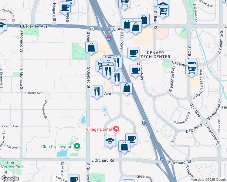 map of restaurants, bars, coffee shops, grocery stores, and more near 7600 Land Mark Place in Greenwood Village