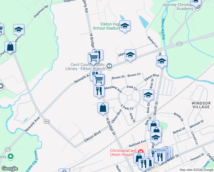 map of restaurants, bars, coffee shops, grocery stores, and more near 611 Maryland Avenue in Elkton