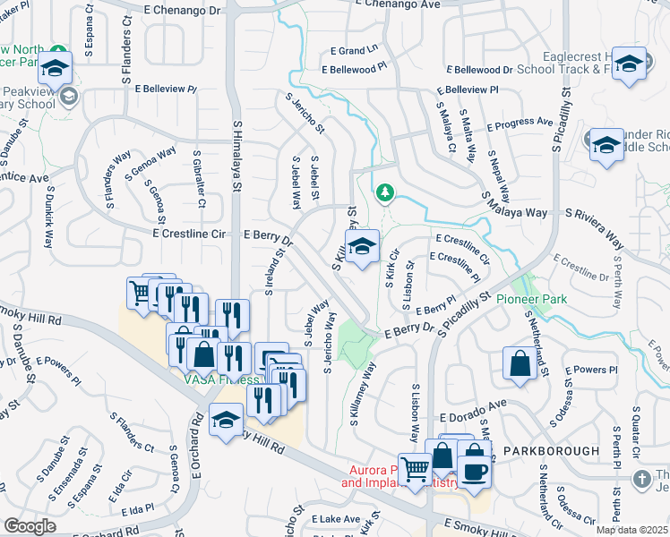 map of restaurants, bars, coffee shops, grocery stores, and more near 5500 South Killarney Street in Aurora