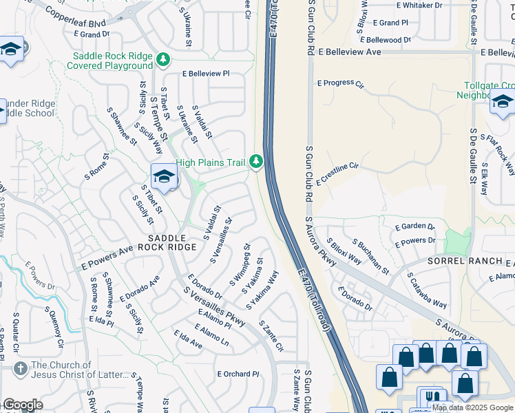 map of restaurants, bars, coffee shops, grocery stores, and more near 5438 South Versailles Way in Aurora