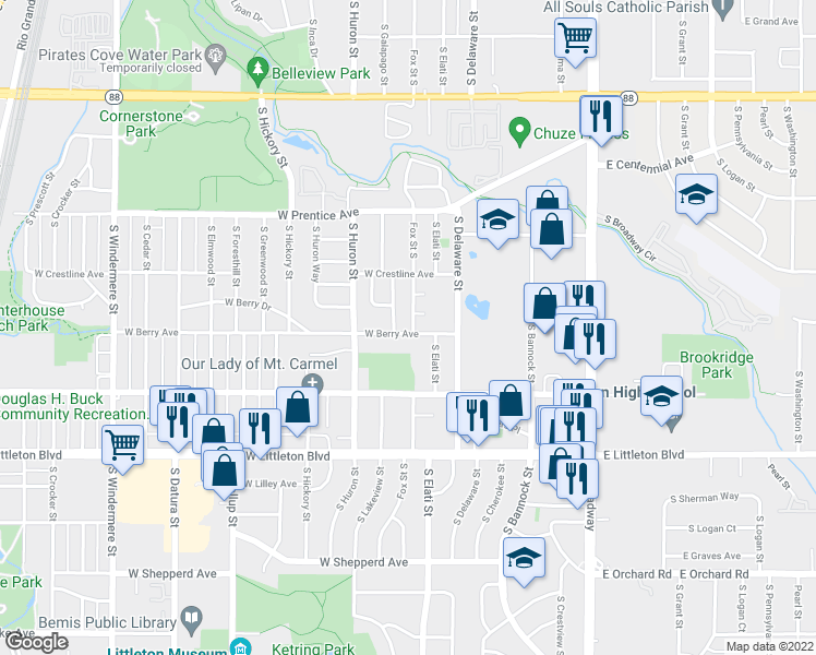 map of restaurants, bars, coffee shops, grocery stores, and more near 5497 South Fox Street in Littleton