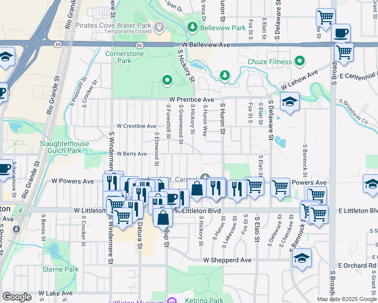 map of restaurants, bars, coffee shops, grocery stores, and more near 5514 South Greenwood Street in Littleton
