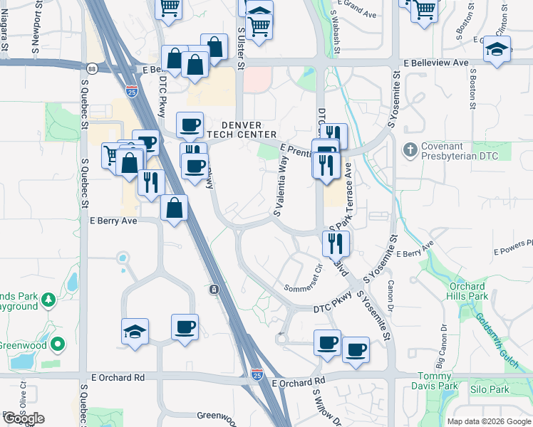map of restaurants, bars, coffee shops, grocery stores, and more near 5570 DTC Parkway in Greenwood Village
