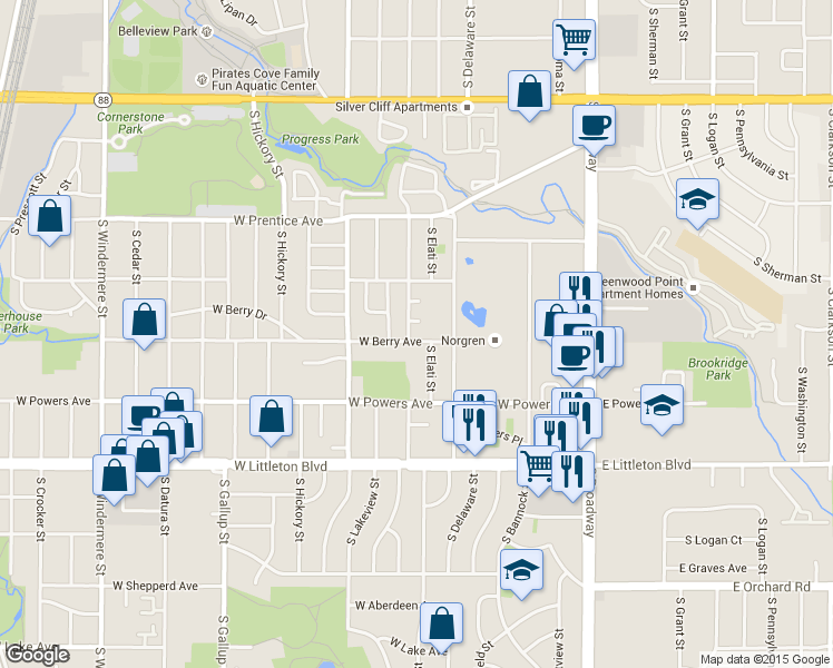 map of restaurants, bars, coffee shops, grocery stores, and more near 5520 South Elati Street in Littleton