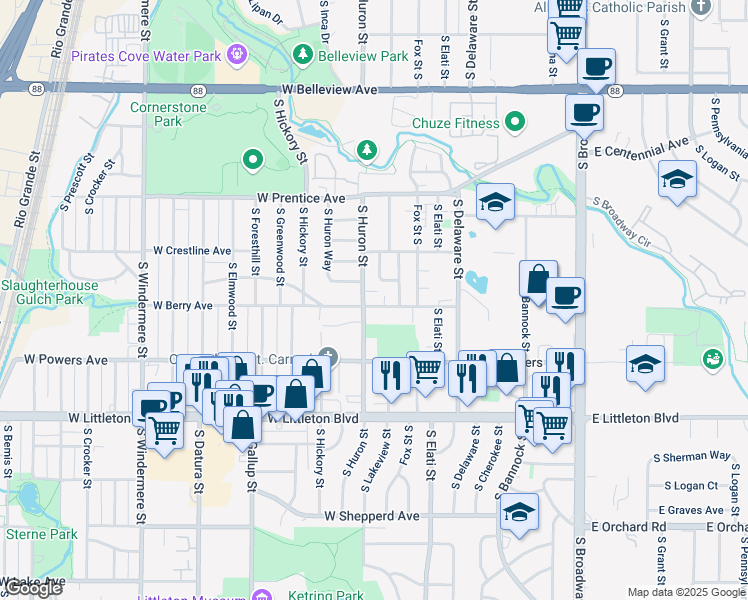 map of restaurants, bars, coffee shops, grocery stores, and more near 5504 South Huron Street in Littleton