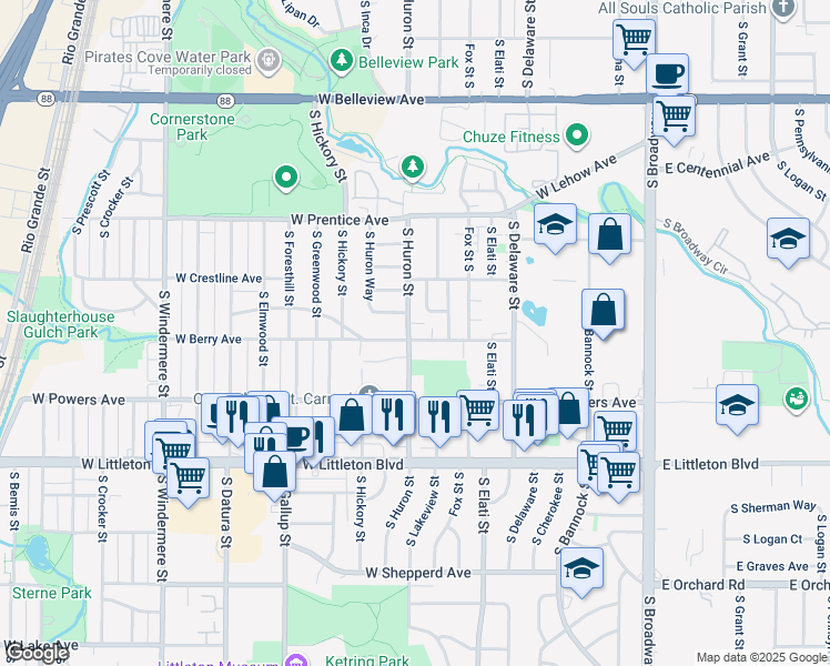 map of restaurants, bars, coffee shops, grocery stores, and more near 5504 South Huron Street in Littleton