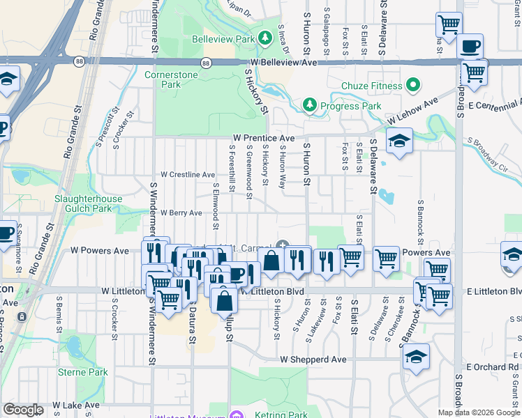map of restaurants, bars, coffee shops, grocery stores, and more near 5514 South Greenwood Street in Littleton