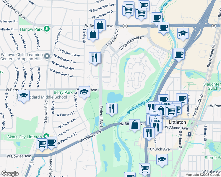 map of restaurants, bars, coffee shops, grocery stores, and more near 3076 West Prentice Avenue in Littleton