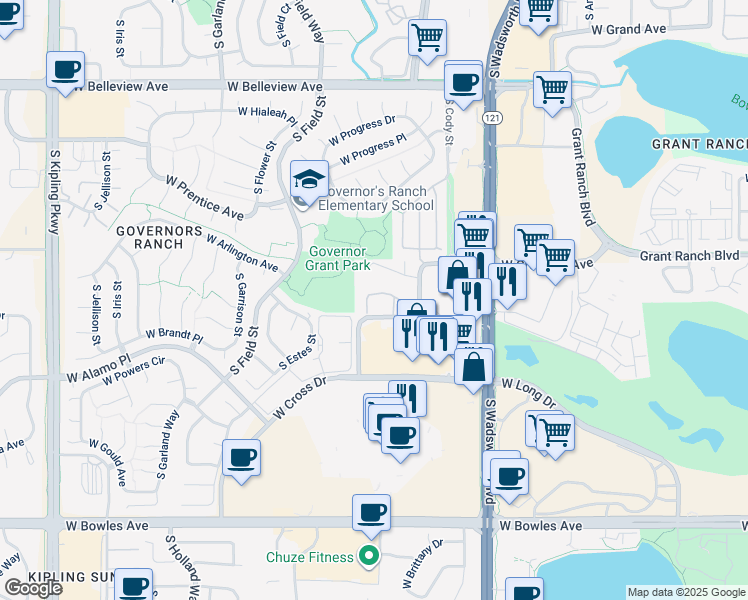 map of restaurants, bars, coffee shops, grocery stores, and more near 8698 West Berry Avenue in Denver