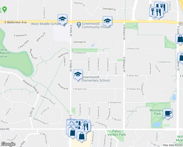 map of restaurants, bars, coffee shops, grocery stores, and more near 6001 East Berry Avenue in Greenwood Village