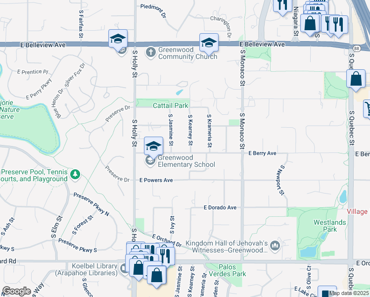 map of restaurants, bars, coffee shops, grocery stores, and more near 6001 East Berry Avenue in Greenwood Village