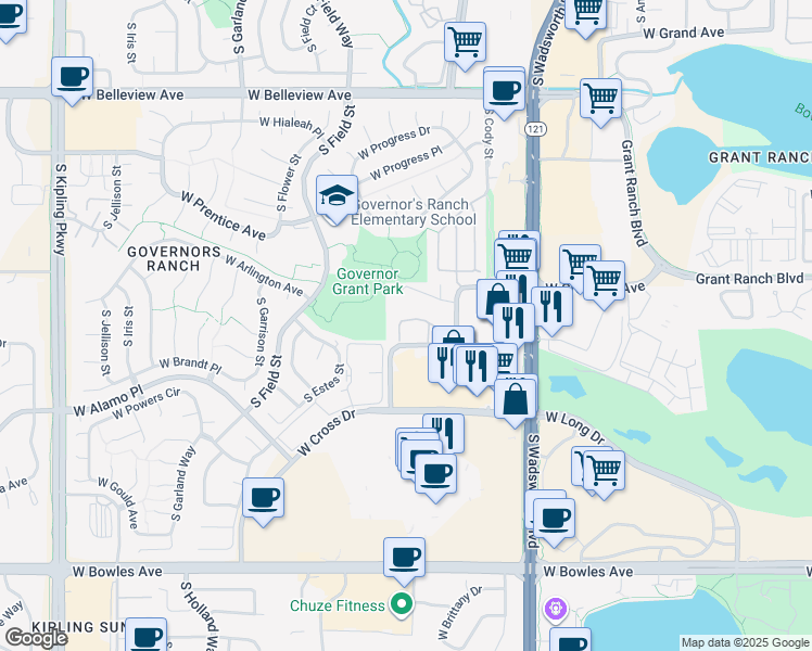 map of restaurants, bars, coffee shops, grocery stores, and more near 8755 West Berry Avenue in Denver