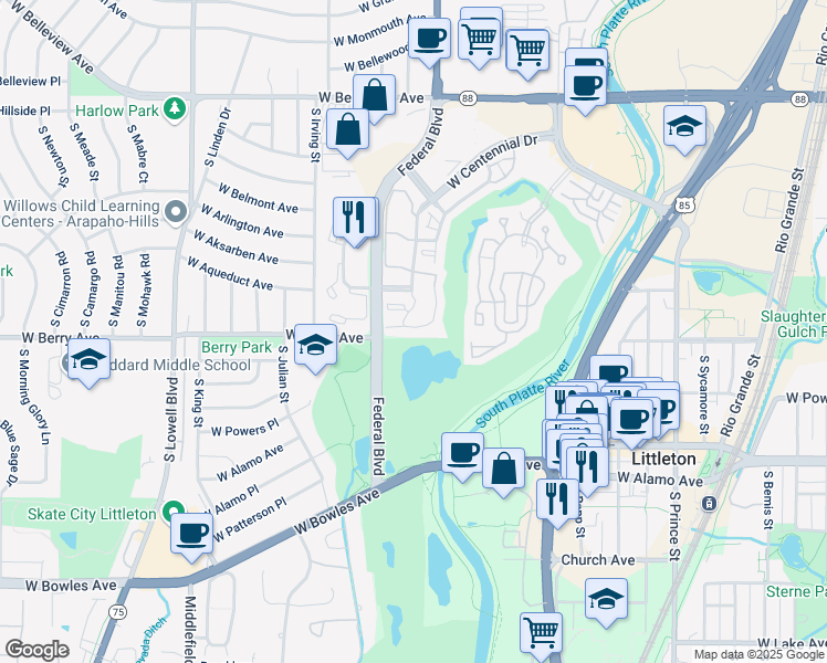 map of restaurants, bars, coffee shops, grocery stores, and more near 3076 West Prentice Avenue in Littleton