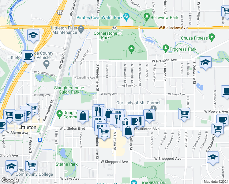 map of restaurants, bars, coffee shops, grocery stores, and more near 5493 South Datura Street in Littleton