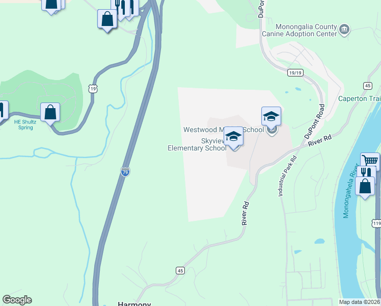 map of restaurants, bars, coffee shops, grocery stores, and more near 1915 South Dents Run Road in Morgantown