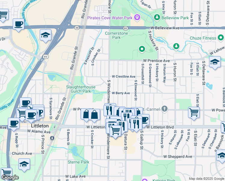 map of restaurants, bars, coffee shops, grocery stores, and more near 5521 South Cedar Street in Littleton