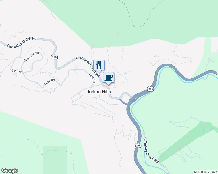 map of restaurants, bars, coffee shops, grocery stores, and more near 5510 Parmalee Gulch Road in Indian Hills