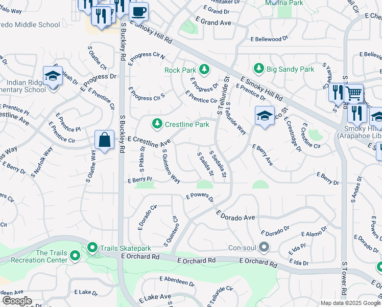 map of restaurants, bars, coffee shops, grocery stores, and more near 5470 South Rifle Street in Centennial