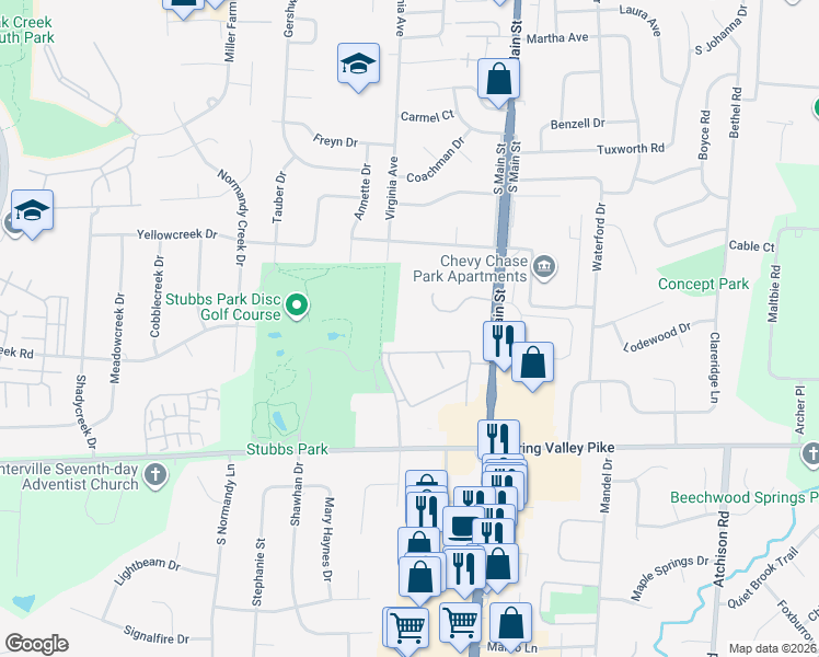 map of restaurants, bars, coffee shops, grocery stores, and more near 909 Revere Village Court in Centerville