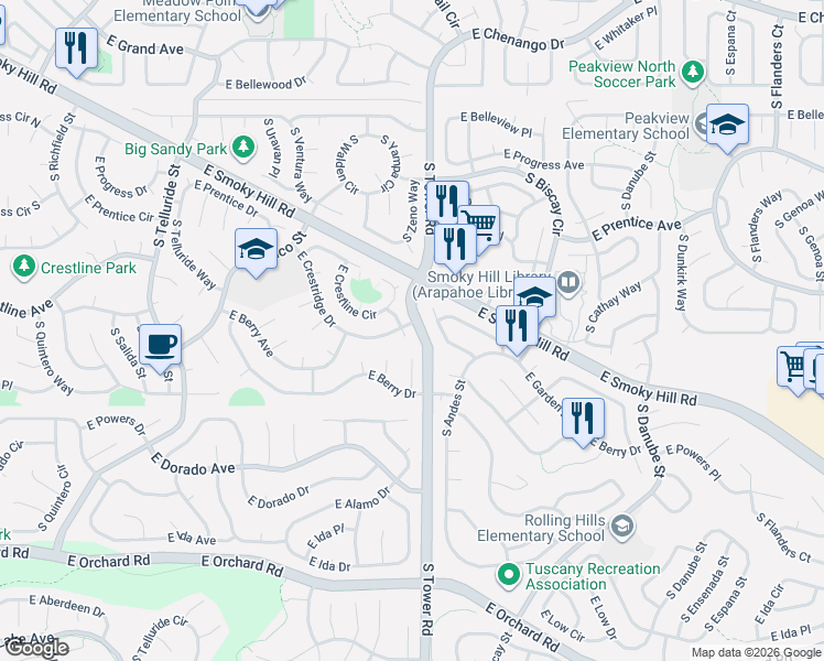 map of restaurants, bars, coffee shops, grocery stores, and more near 5532 South Zeno Court in Centennial