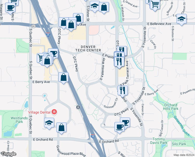 map of restaurants, bars, coffee shops, grocery stores, and more near 5570 DTC Parkway in Greenwood Village