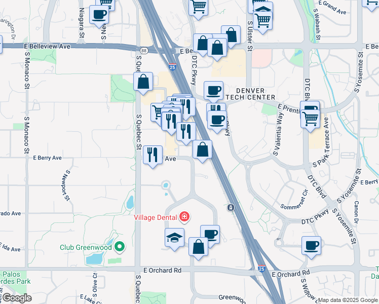map of restaurants, bars, coffee shops, grocery stores, and more near 8200 East Berry Avenue in Greenwood Village