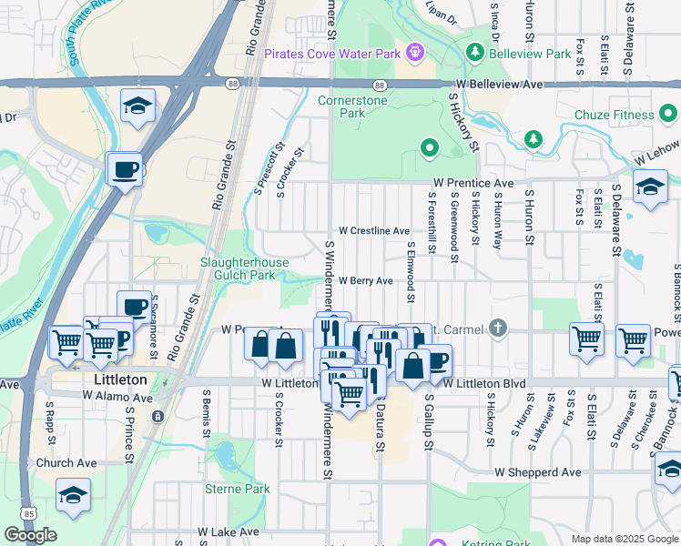 map of restaurants, bars, coffee shops, grocery stores, and more near 5521 South Cedar Street in Littleton