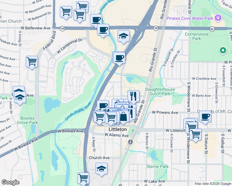 map of restaurants, bars, coffee shops, grocery stores, and more near 5523 South Prince Street in Littleton