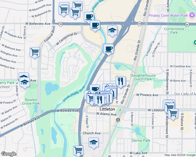 map of restaurants, bars, coffee shops, grocery stores, and more near 5520 South Curtice Street in Littleton