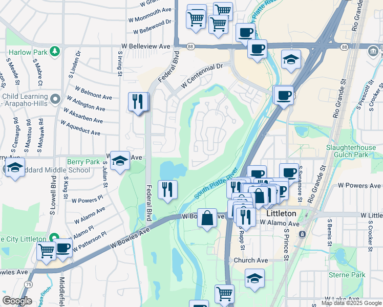 map of restaurants, bars, coffee shops, grocery stores, and more near 2949 West Riverwalk Circle in Littleton