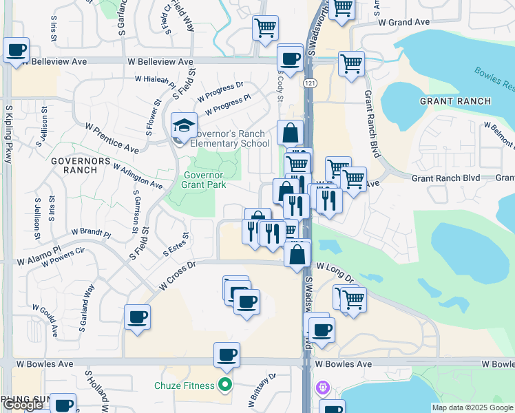 map of restaurants, bars, coffee shops, grocery stores, and more near 5435 South Dover Street in Denver