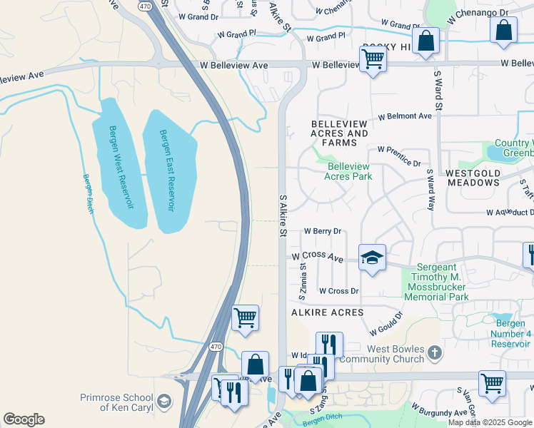 map of restaurants, bars, coffee shops, grocery stores, and more near 13199 West Berry Drive in Littleton