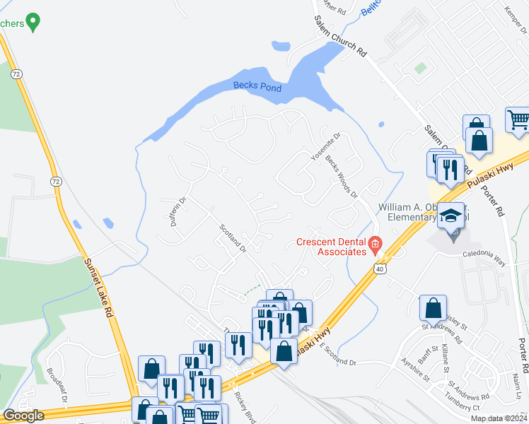 map of restaurants, bars, coffee shops, grocery stores, and more near 47 Ridge Way in Newark