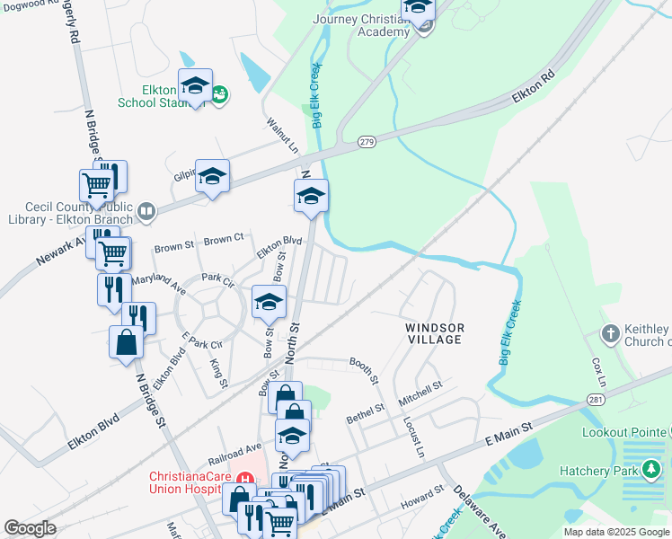 map of restaurants, bars, coffee shops, grocery stores, and more near 506 Hollingsworth Avenue in Elkton