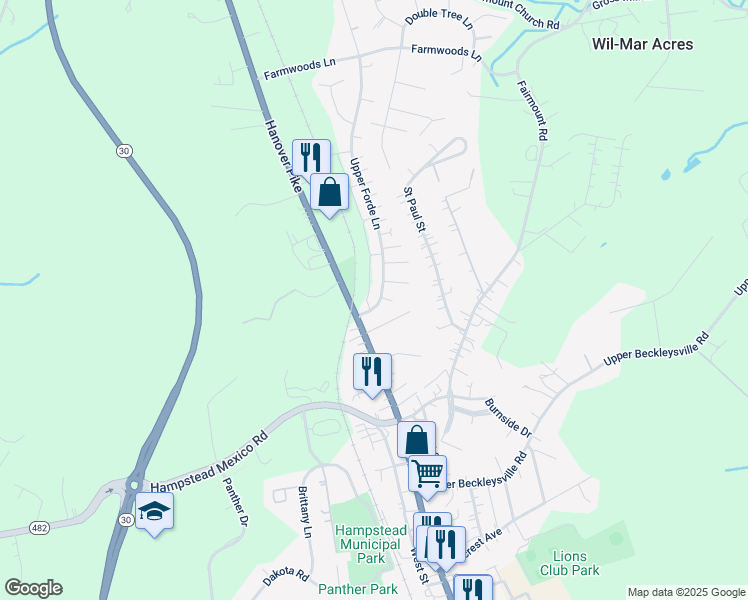 map of restaurants, bars, coffee shops, grocery stores, and more near 1714 Upper Forde Lane in Hampstead
