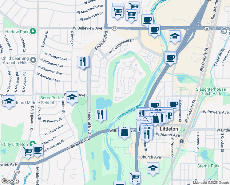 map of restaurants, bars, coffee shops, grocery stores, and more near 2949 West Riverwalk Circle in Littleton
