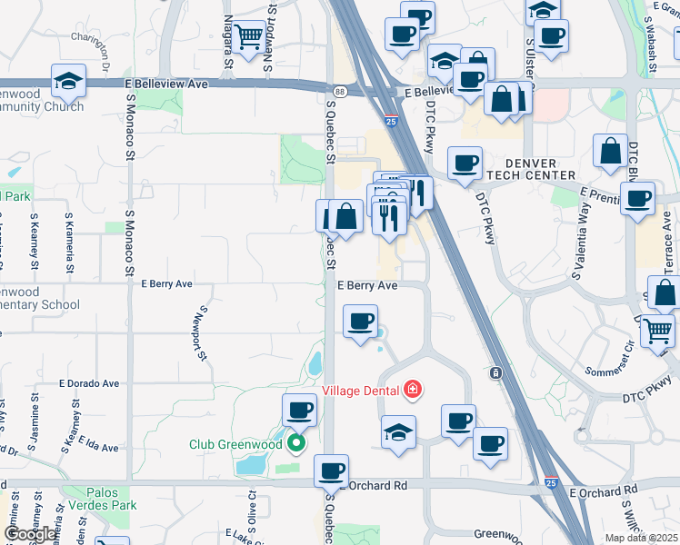 map of restaurants, bars, coffee shops, grocery stores, and more near 5460 South Quebec Street in Greenwood Village