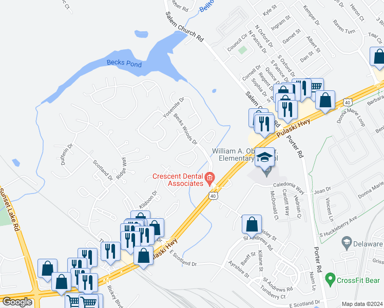 map of restaurants, bars, coffee shops, grocery stores, and more near 239 Lake Arrowhead Circle in Bear
